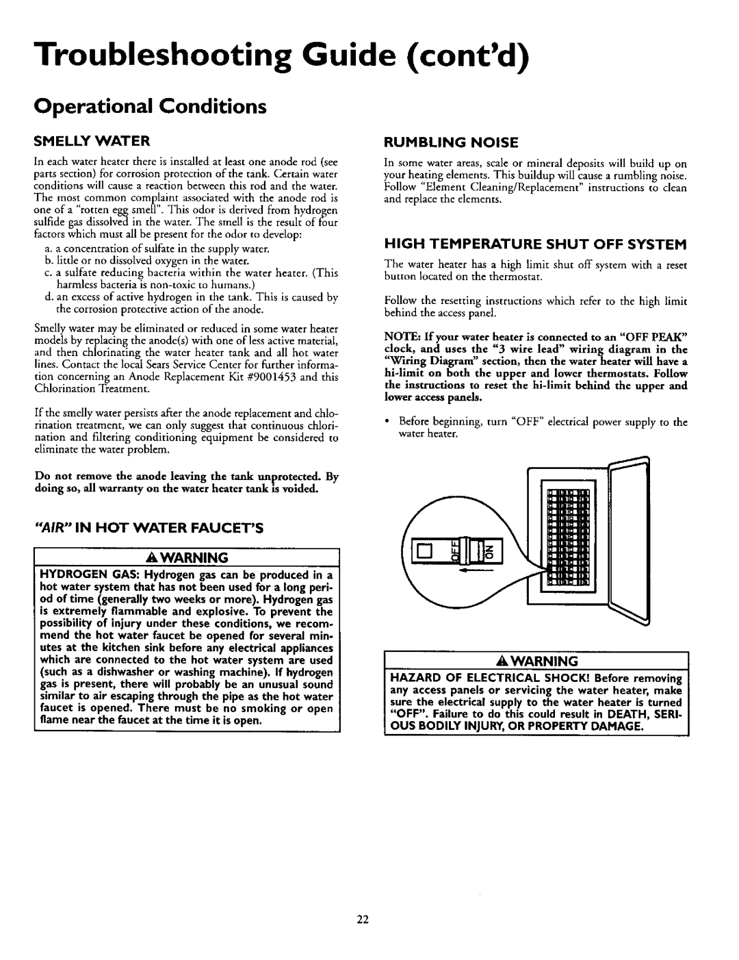 Kenmore 153.320892 HT, 153.320492 HT, 153.320893 HT Troubleshooting Guide contd, Operational Conditions, Awarning 