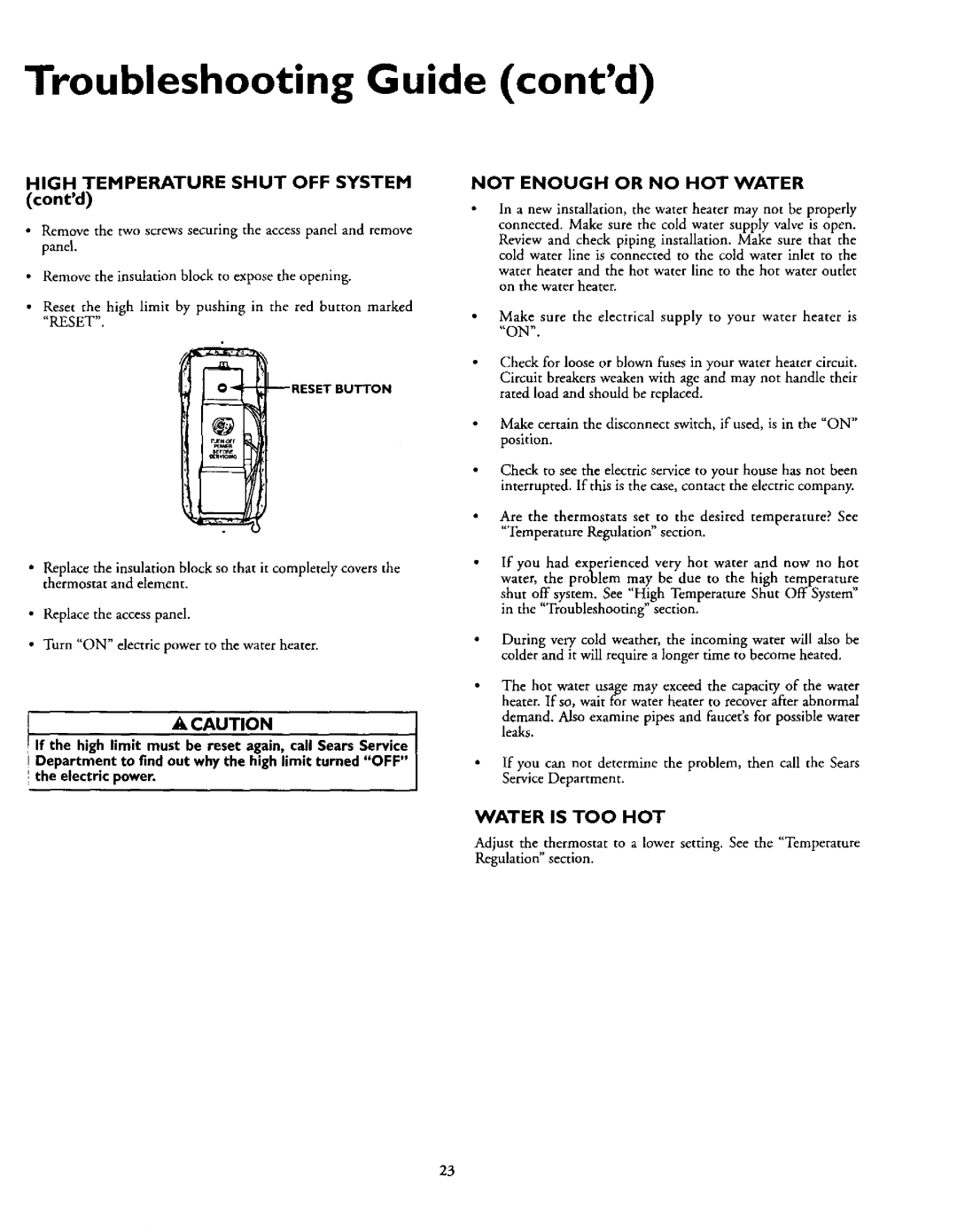 Kenmore 153.320592 HT Troubleshooting Guide contd, HIGH TEMPERATURE SHUT OFF SYSTEM contd, Not Enough Or No Hot Water 