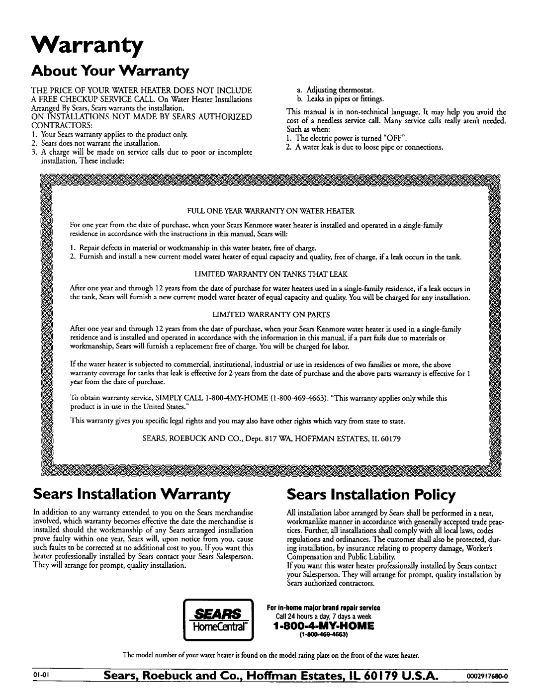 Kenmore 153.320892 HT Sears Installation Warranty, About Your Warranty, Sears Installation Policy, 0o0zg 7 xo 