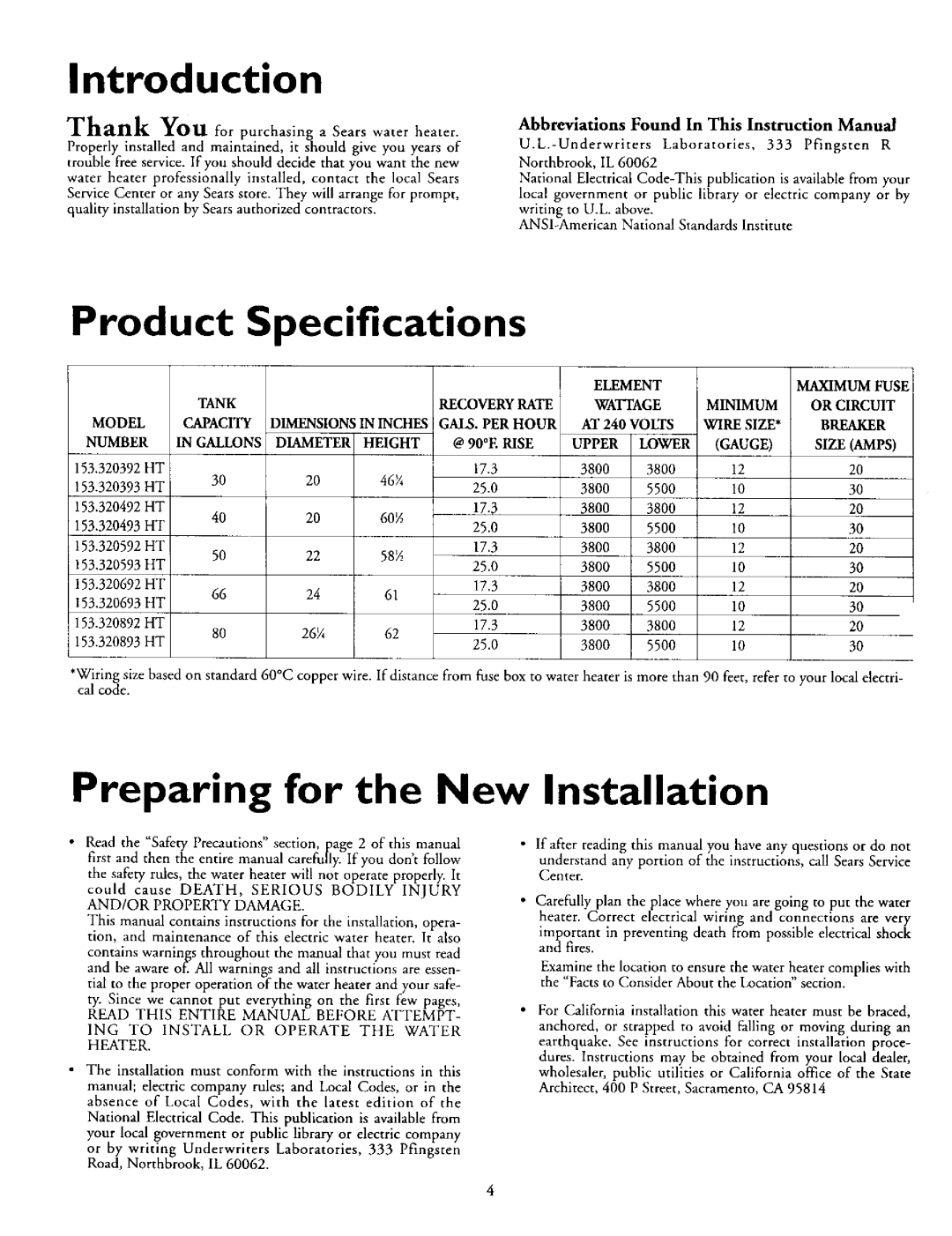 Kenmore 153.320393 HT, 153.320492 HT owner manual Introduction, Product, Preparing for the New, Installation, Specifications 