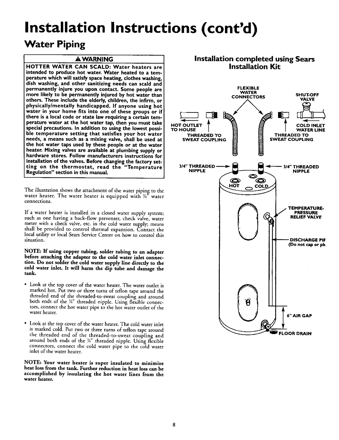 Kenmore 153.320692 HT Water Piping, Installation completed using Sears, Installation Kit, Installation Instructions contd 