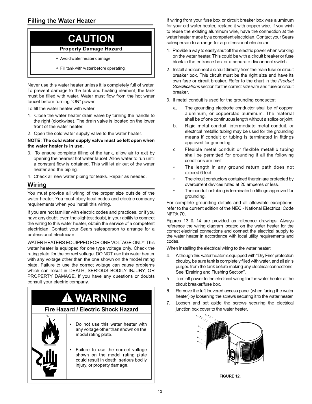 Kenmore 153.32116, 153.32118 manual Filling the Water Heater, Wiring 