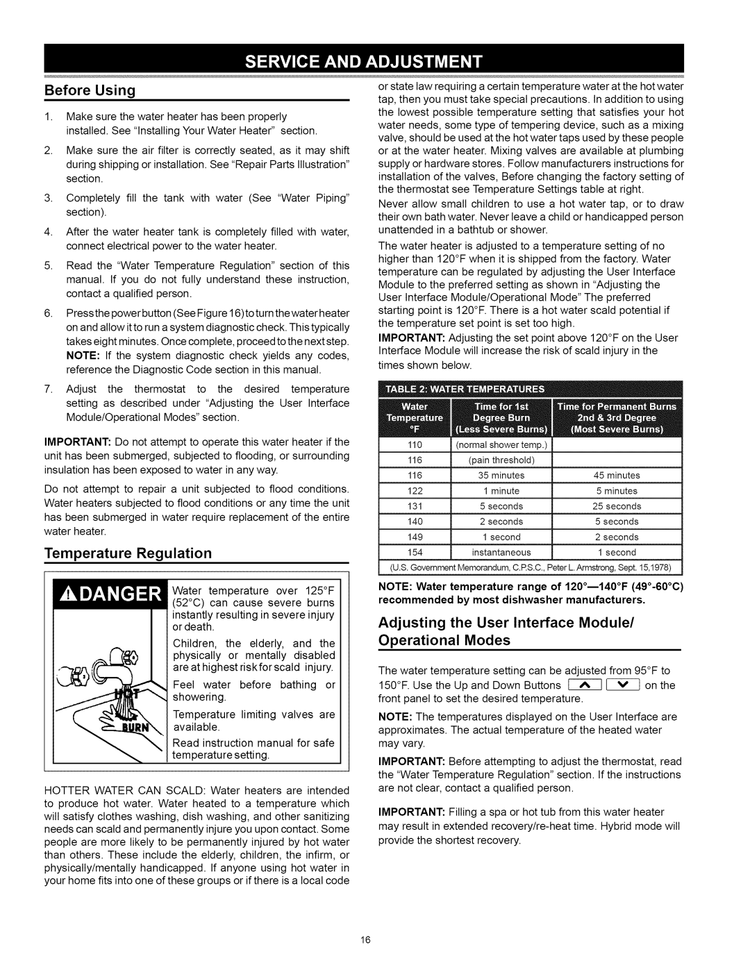 Kenmore 153.32118, 153.32116 Before Using, Temperature Regulation, Adjusting the User Interface Module, Operational Modes 