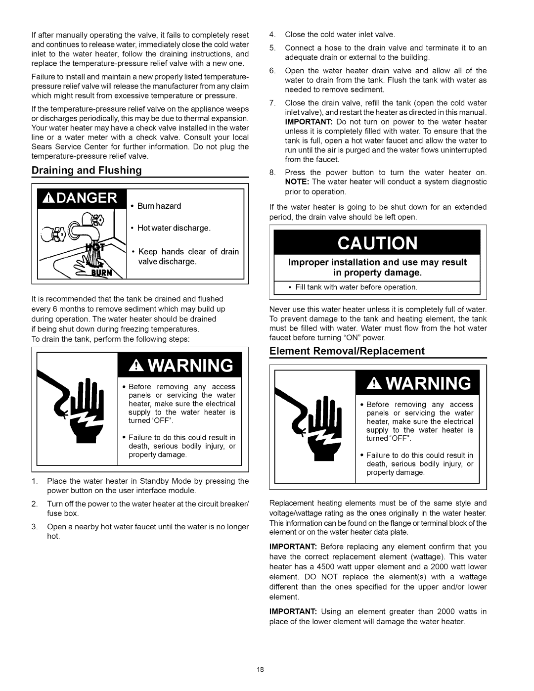 Kenmore 153.32118, 153.32116 manual Draining and Flushing, Element Removal/Replacement 