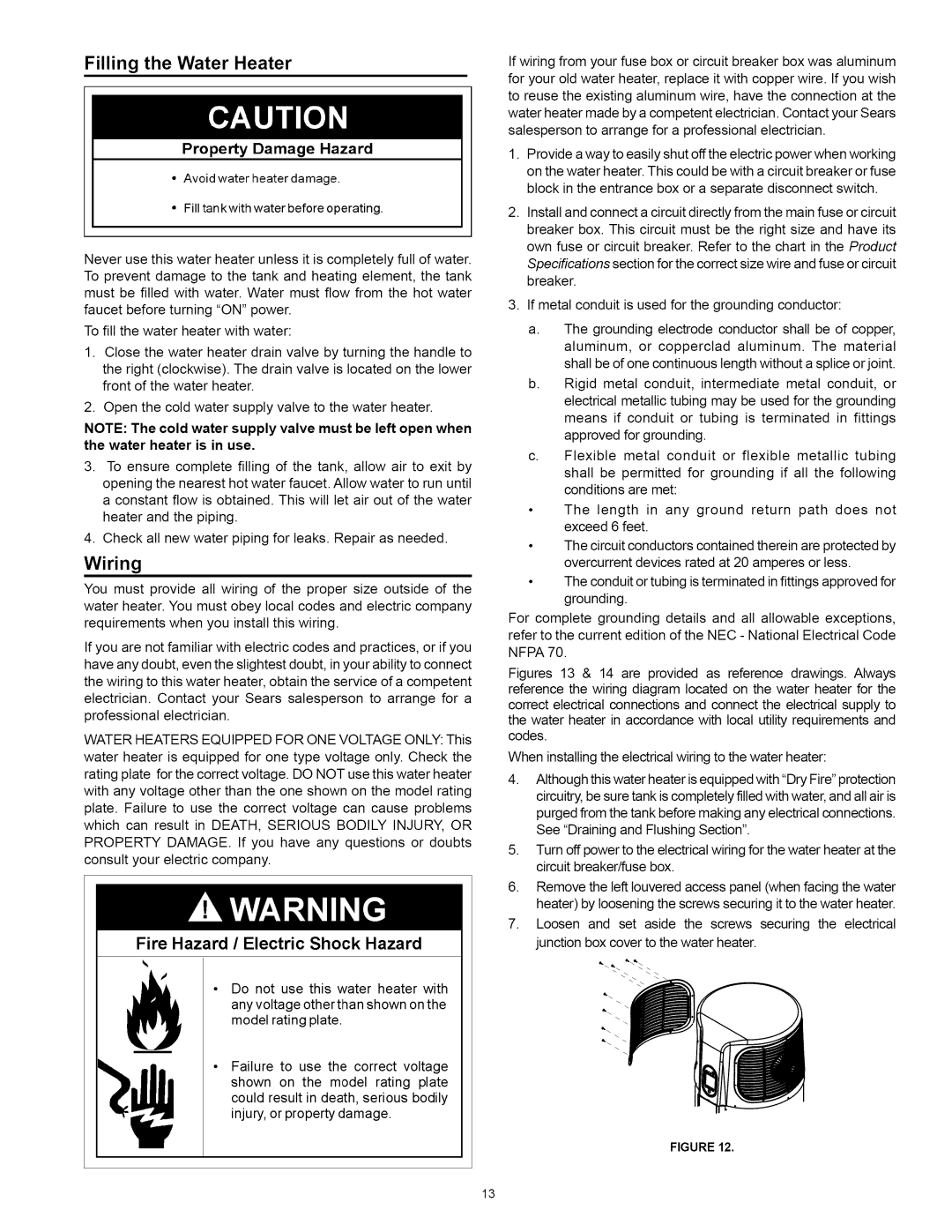 Kenmore 153.32116, 153.32118 manual Filling the Water Heater, Wiring, Fire Hazard / Electric Shock Hazard 
