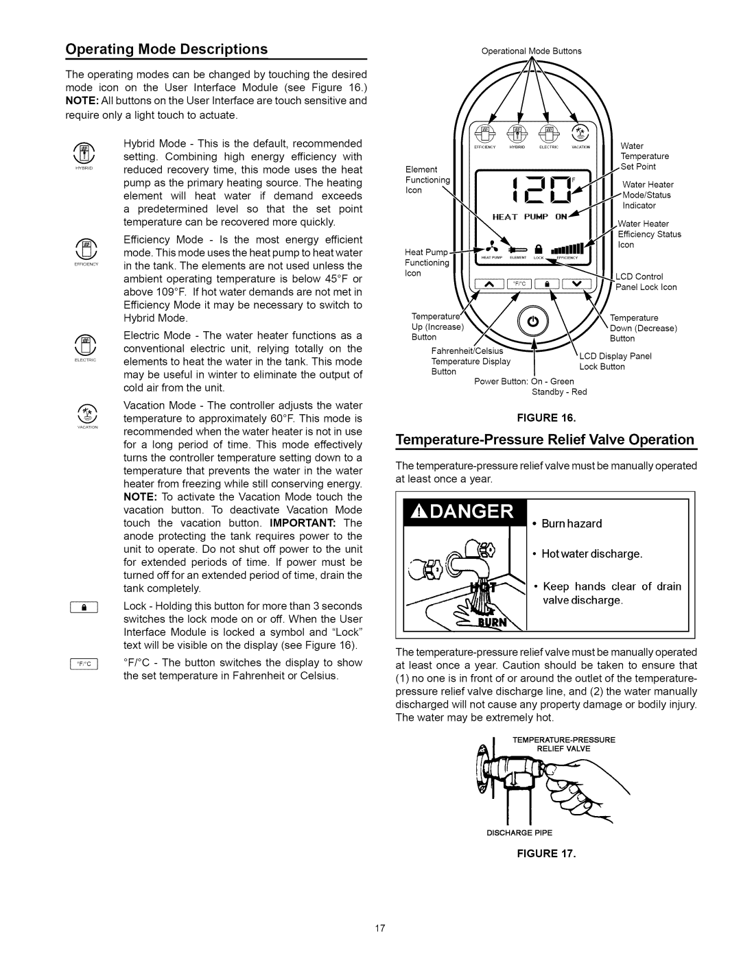 Kenmore 153.32116, 153.32118 manual Operating Mode Descriptions, Temperature-Pressure Relief Valve Operation 