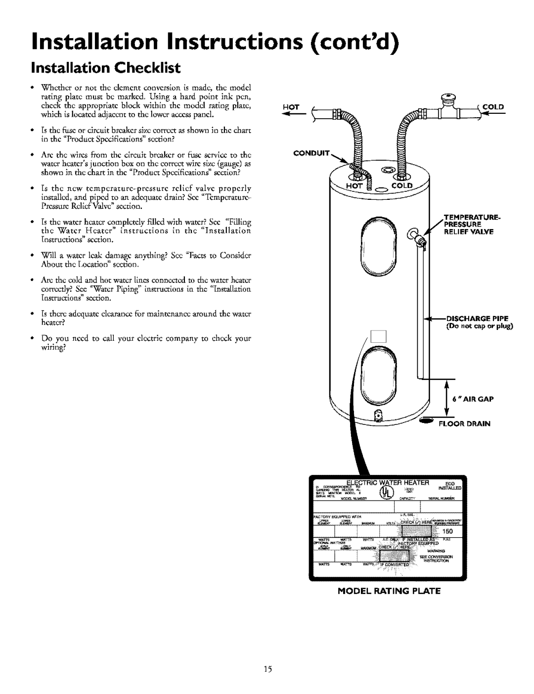 Kenmore 153.321541, 153.321441, 153.321841, 153.321341, 153.321641 Installation Checklist, Model Rating Plate 