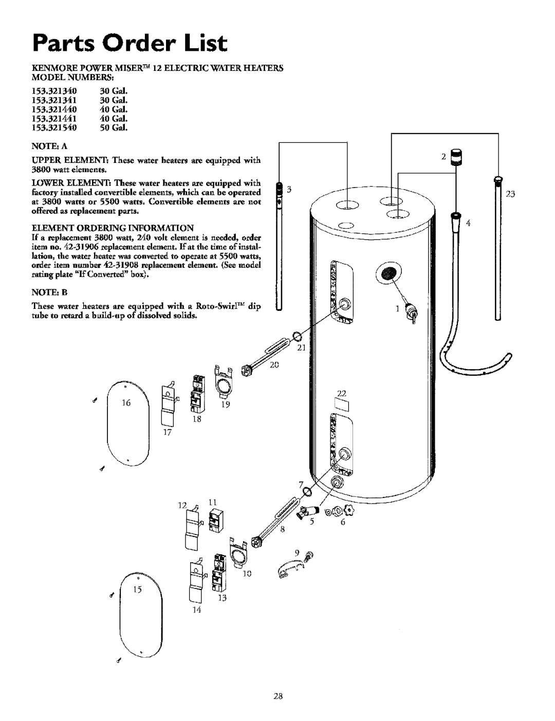 Kenmore 153.32164, 153.321541, 153.321441, 153.321841, 153.321341 Parts Order List, Element Ordering Information 