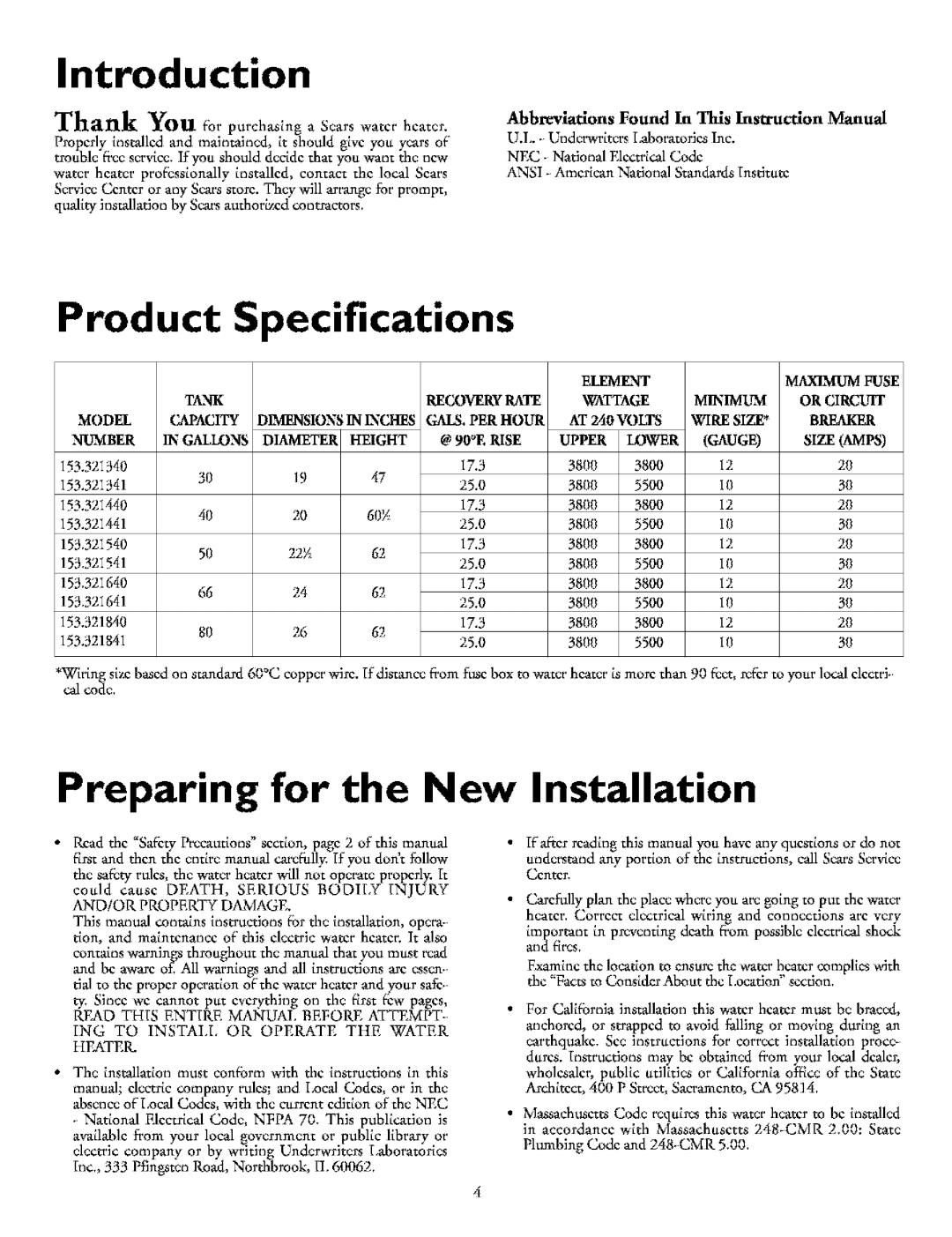 Kenmore 153.321841, 153.321541, 153.321441, 153.321341, 153.32164 Introduction, Preparing for the New, Installation 