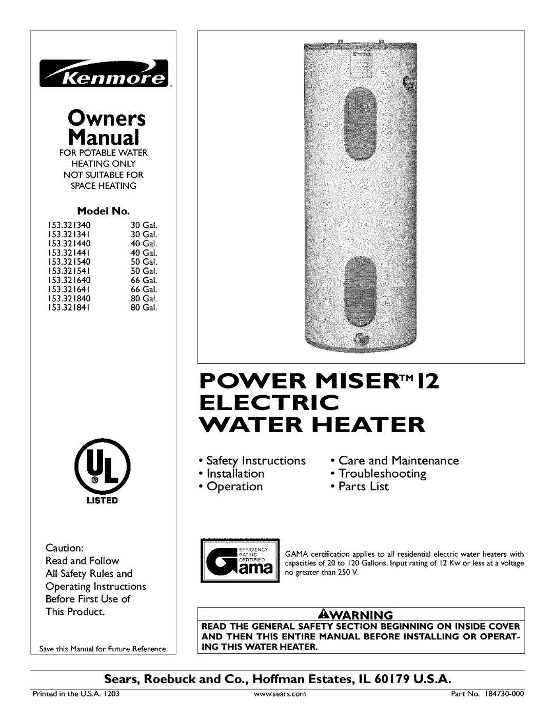 Kenmore 153.321541, 153.321441, 153.321841, 153.32134 owner manual Installation, POWER MISER TM12 ELECTRIC WATER HEATER 