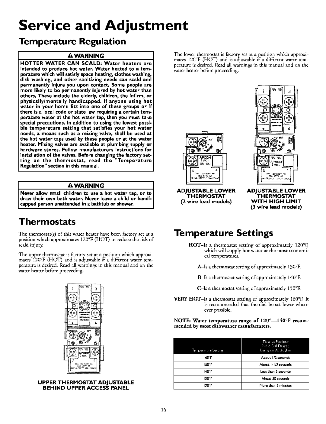 Kenmore 153.32184, 153.321541 Service and Adjustment, Temperature Regulation, Thermostats, Temperature Settings 