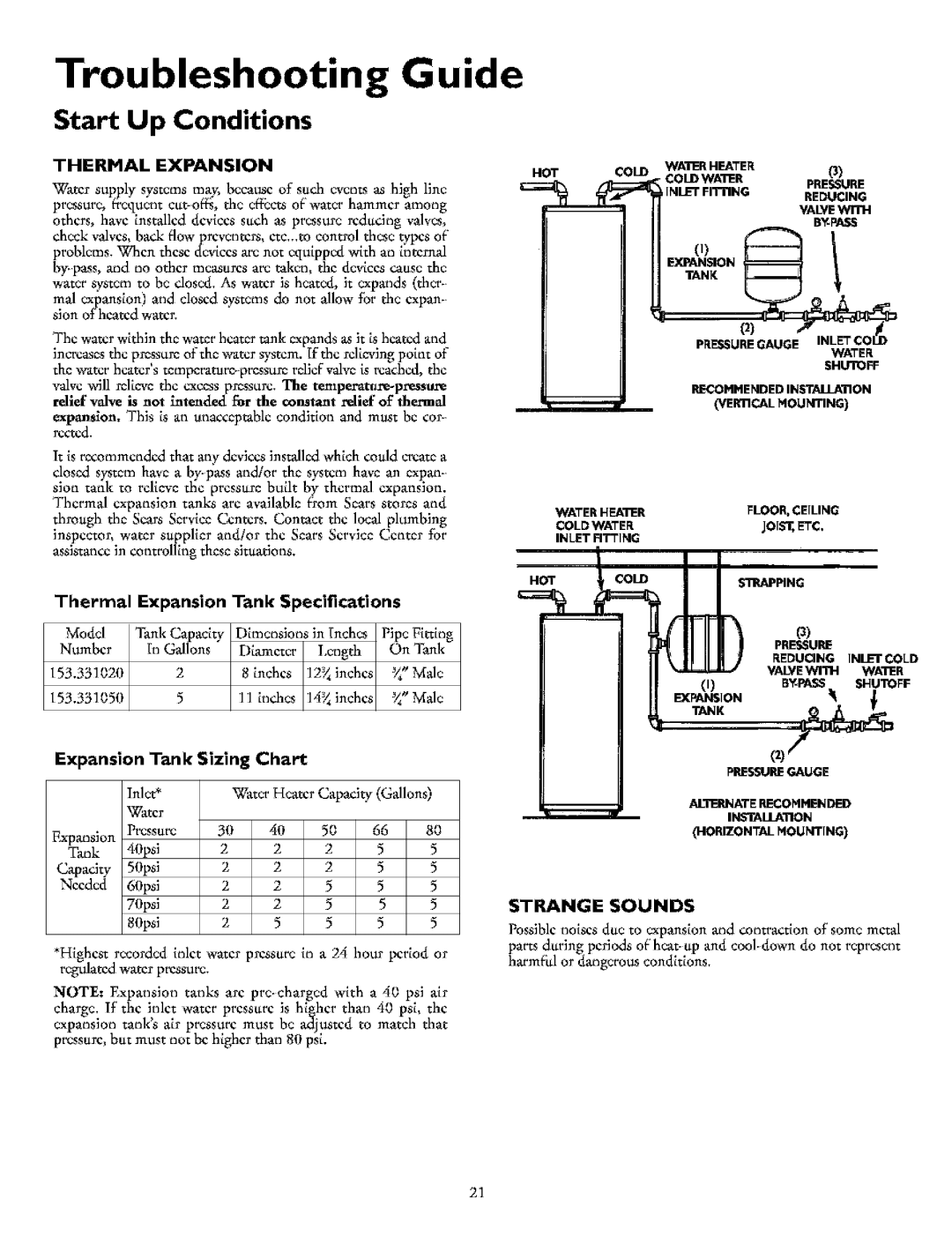 Kenmore 153.321541, 153.321441, 153.32134 Troubleshooting Guide, Start Up Conditions, Thermal Expansion Tank Specifications 