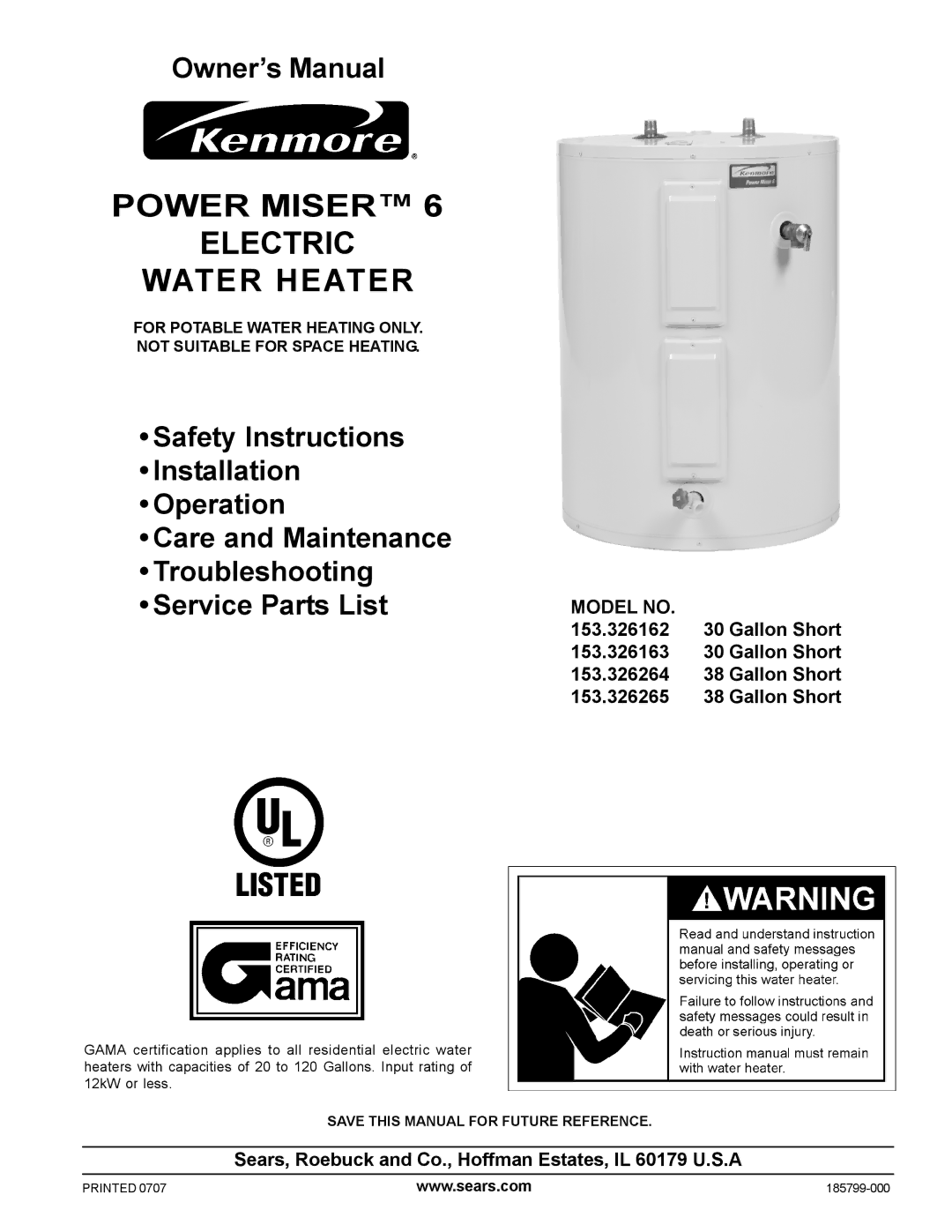 Kenmore 153.326264 owner manual Power Miser Electric Water Heater, Sears, Roebuck and Co., Hoffman Estates, IL 60179 U.S.A 