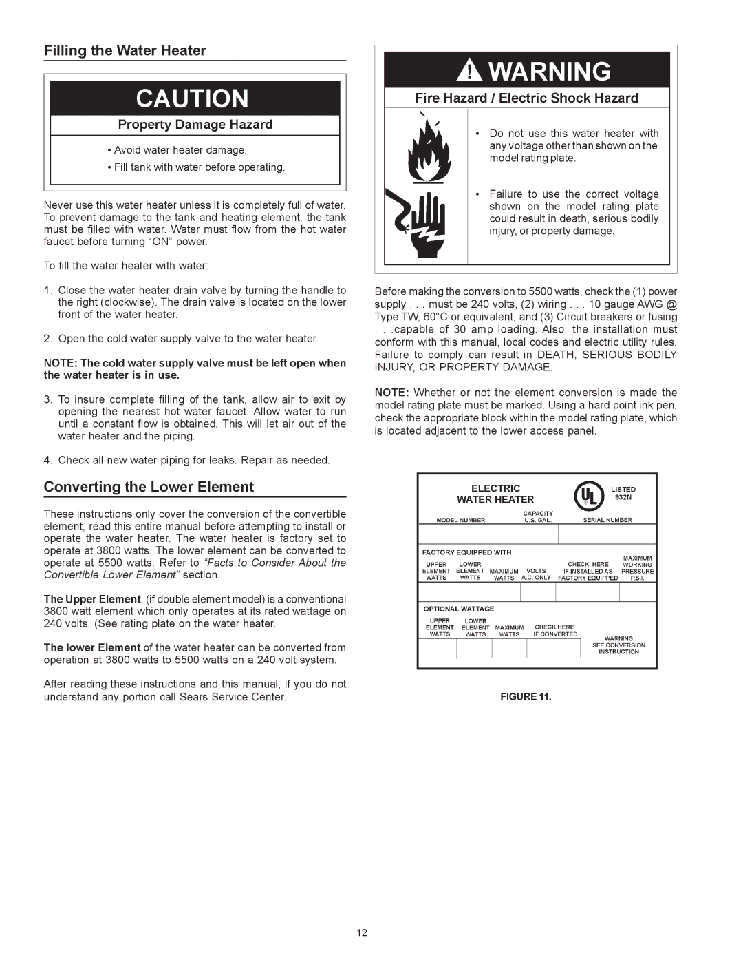 Kenmore 153.326265, 153.326264, 153.326163, 153.326162 owner manual Filling the Water Heater, Converting the Lower Element 