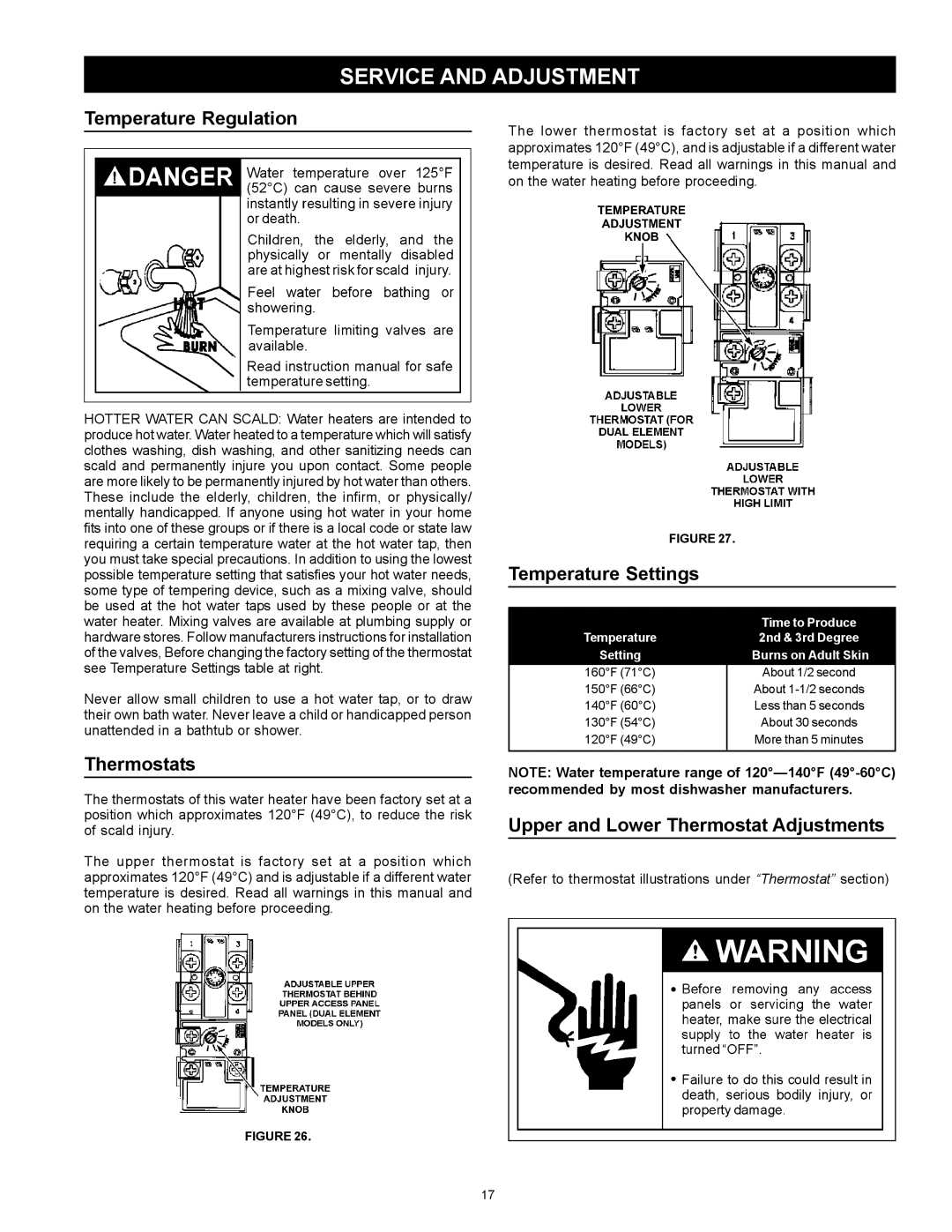 Kenmore 153.326264, 153.326265 Service and Adjustment, Temperature Regulation, Thermostats, Temperature Settings 