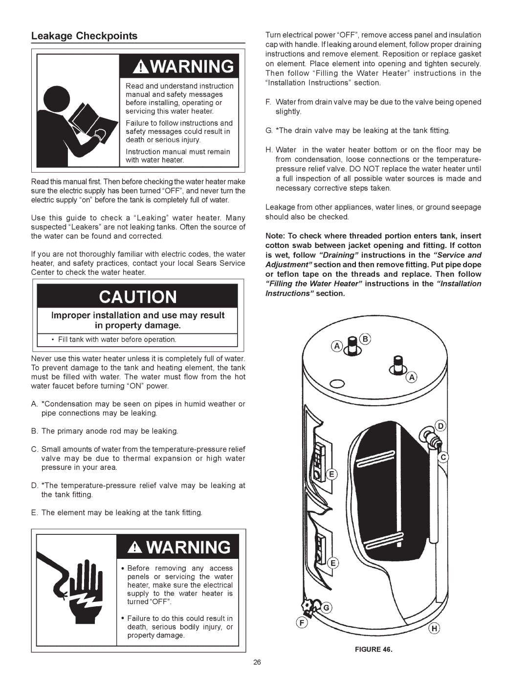 Kenmore 153.326163, 153.326265, 153.326264, 153.326162 owner manual Leakage Checkpoints 