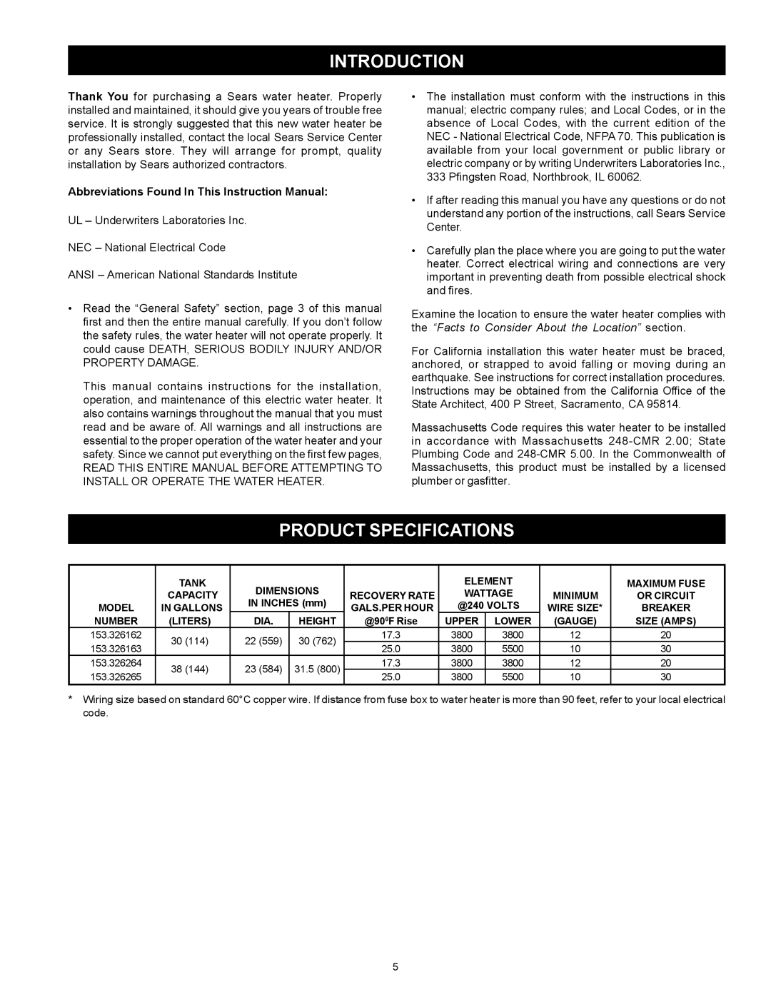 Kenmore 153.326264, 153.326265, 153.326163, 153.326162 owner manual Introduction, Product Specifications 