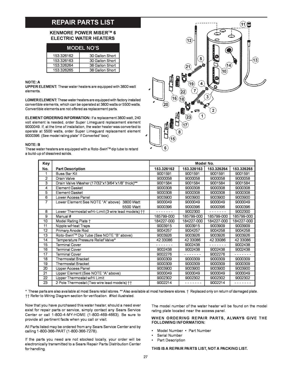 Kenmore 153.326162, 153.326265, 153.326264 Repair Parts List, Kenmore Power Misertm Electric Water Heaters, Model No’S 