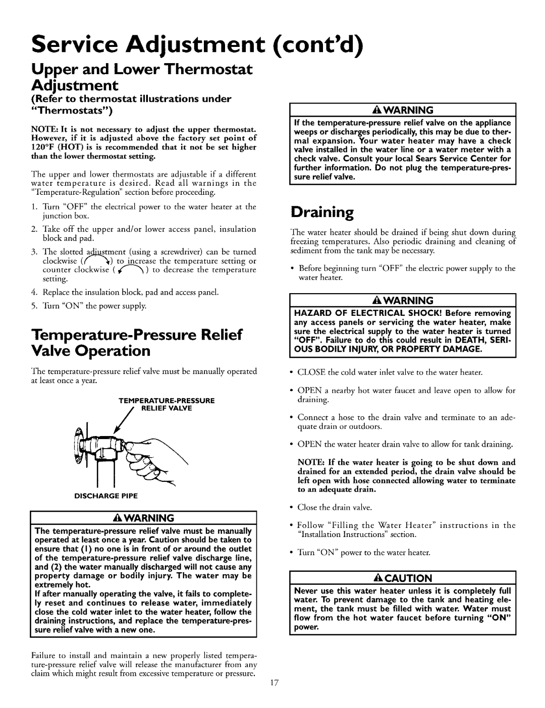 Kenmore 153.32676 Service Adjustment, Temperature-Pressure Relief, Draining, OUS Bodily INJURY,OR Property Damage 