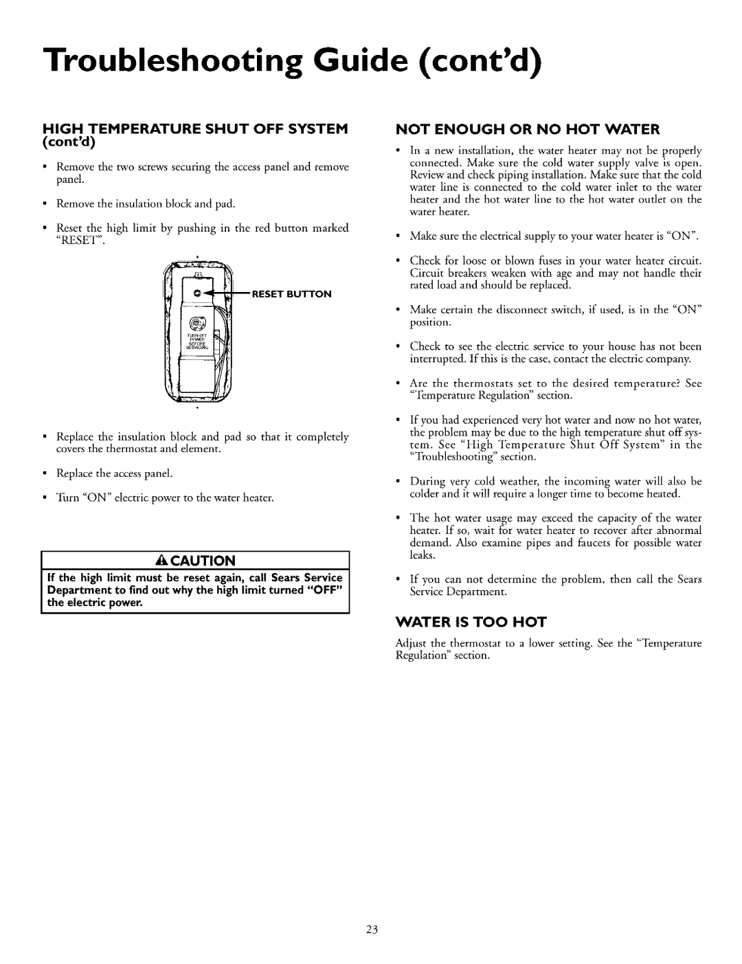 Kenmore 153.32666, 153.326761, 153.326561 Troubleshooting Guide contd, Not Enough or no HOT Water, Water is TOO HOT 