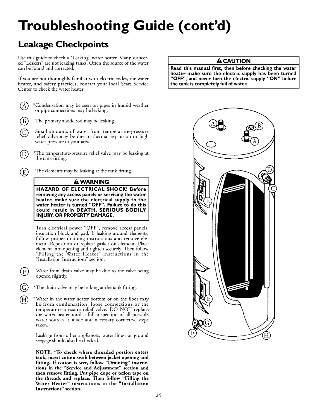 Kenmore 153.326761, 153.326561, 153.326361, 153.326461, 153.326661, 153.326861 owner manual Leakage Checkpoints 