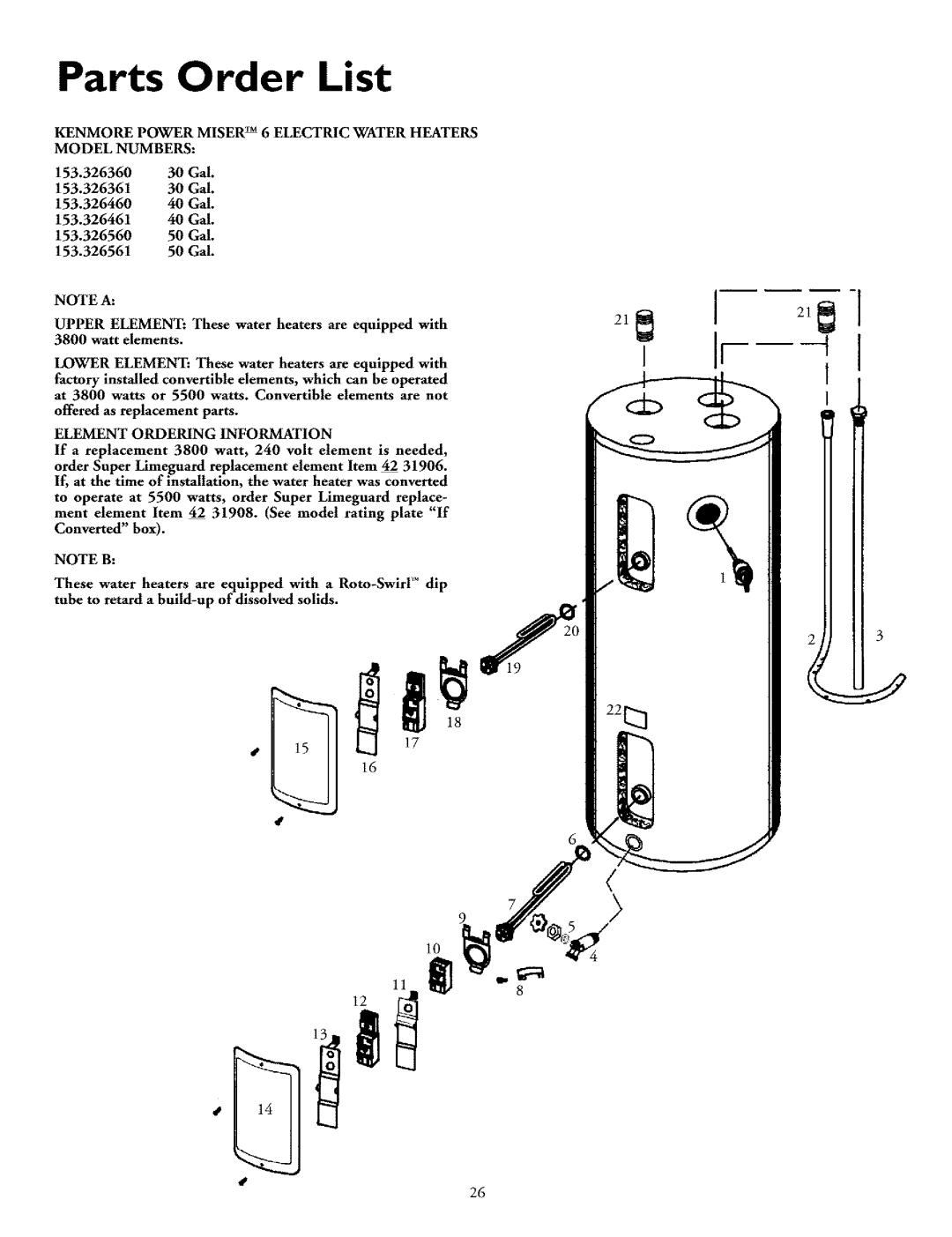 Kenmore 153.326761, 153.326561, 153.326361, 153.326461, 153.326661, 153.326861 owner manual Parts Order List, Model Numbers 