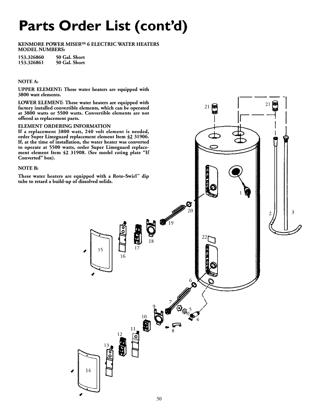 Kenmore 153.326461, 153.326761, 153.326561, 153.326361, 153.326661 153.326860 50 Gal. Short 153.326861 50 Gal. Short 