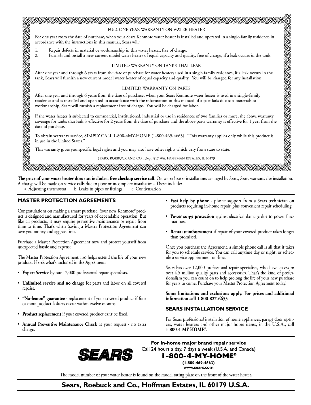 Kenmore 153.326661, 153.326761, 153.326561, 153.32686 Master Protection Agreements, Full ONE YFR Warranty on Water Heafer 