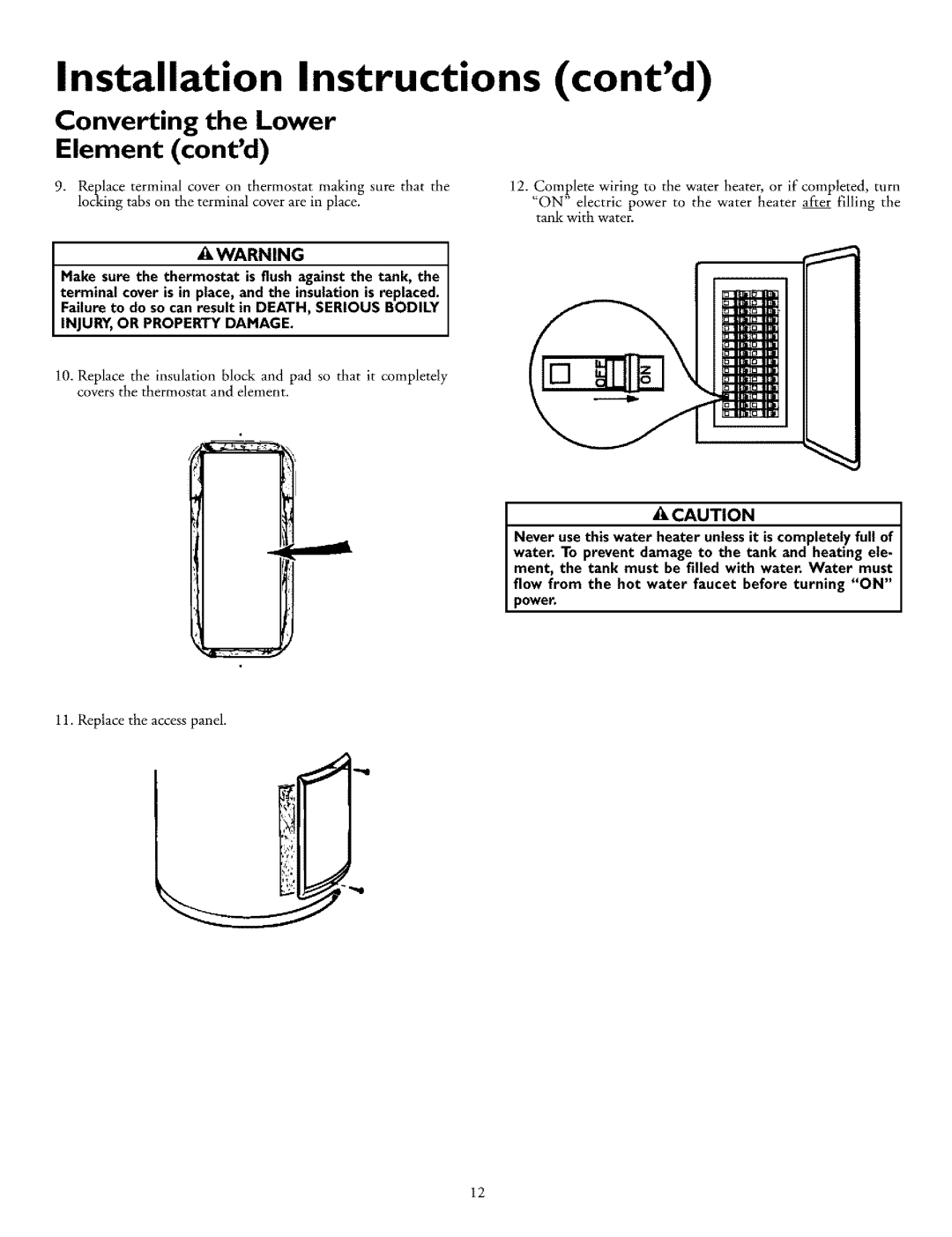 Kenmore 153.326761 Installation Instructions contd, Converting the Lower Element contd, Replace the access panel 