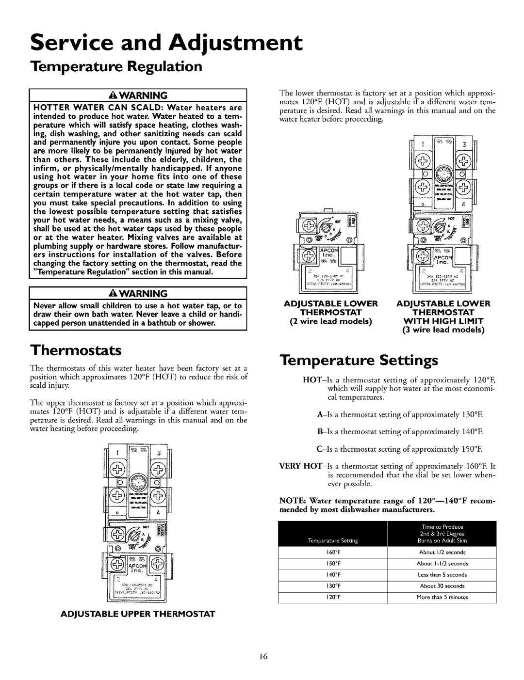 Kenmore 153.326761, 153.326561 Service and Adjustment, Temperature Regulation, Thermostats, Temperature Settings 
