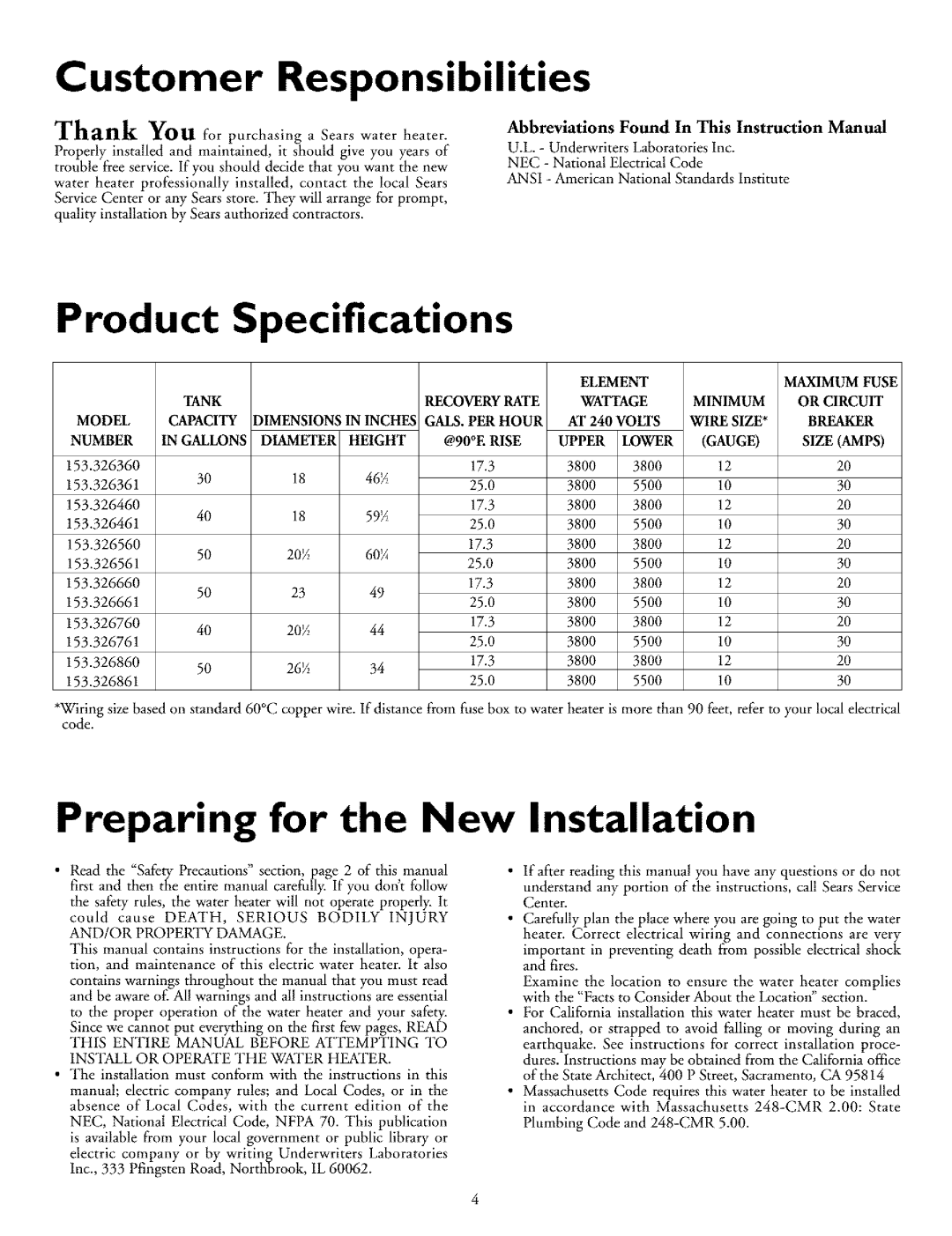 Kenmore 153.32656, 153.326761 Customer Responsibilities, Preparing for the New Installation, Specifications, Product 