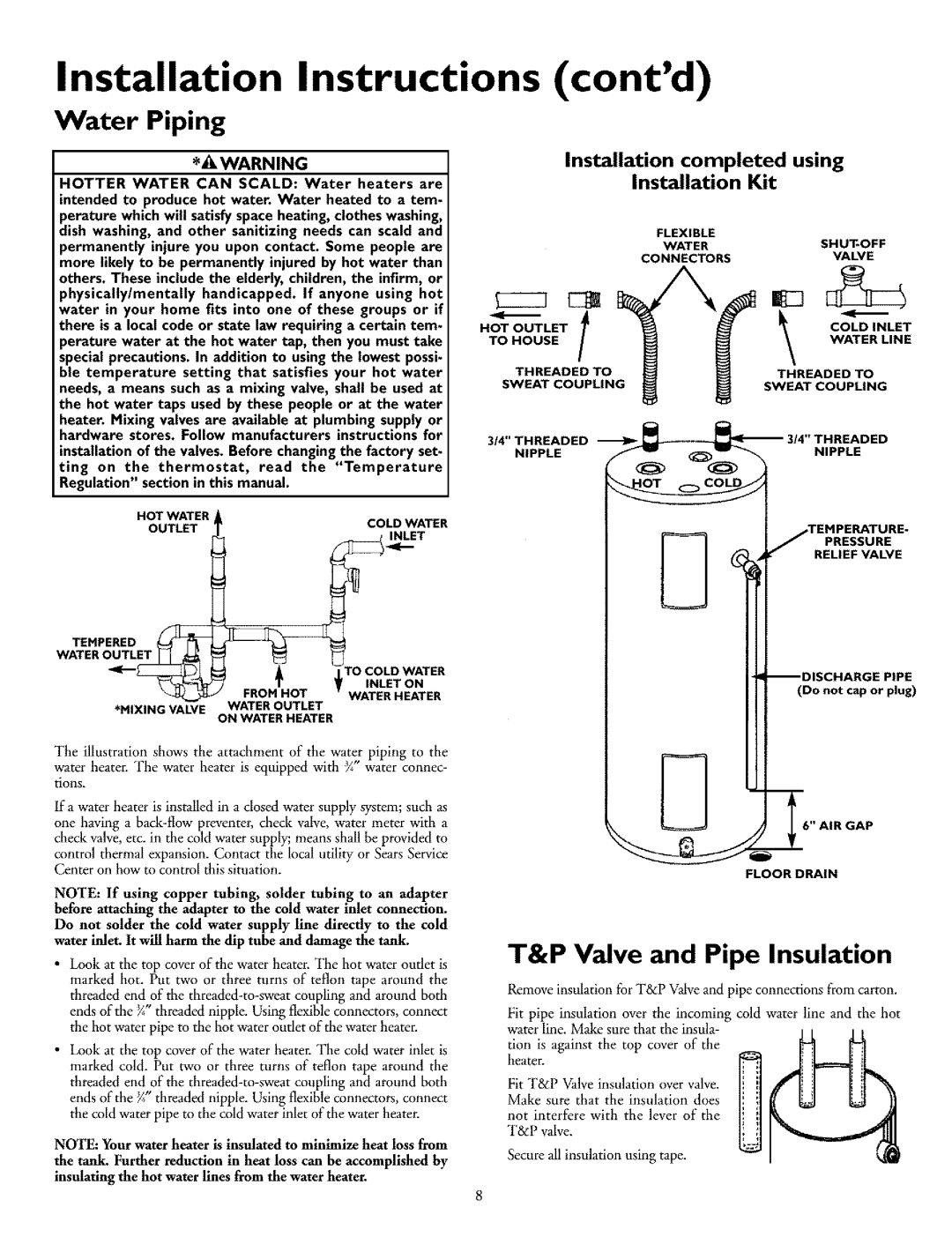 Kenmore 153.326661 Installation Instructions contd, WATEROUT 2a, Water Piping, T&P Valve and Pipe Insulation, using 