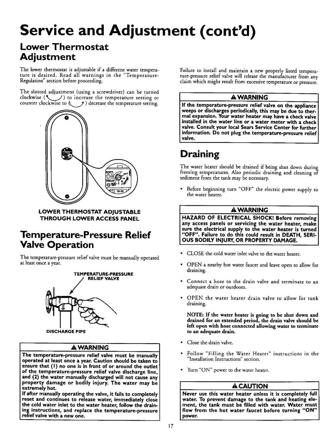 Kenmore 153.327564, 153.327864 Service and Adjustment contd, Lower Thermostat Adjustment, Temperature-Pressure Relief 