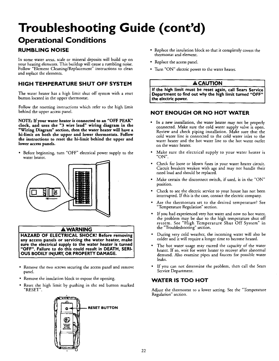 Kenmore 153.327364, 153.327864 Troubleshooting Guide contd, Not Enough or no HOT Water, Water is TOO HOT, Rumbling Noise 