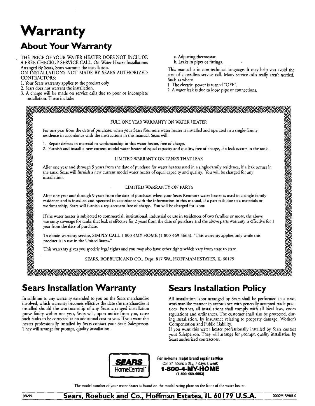 Kenmore 153.327464, 153.327864, 153.327664 About Your Warranty, Sears Installation Warranty Sears Installation Policy 