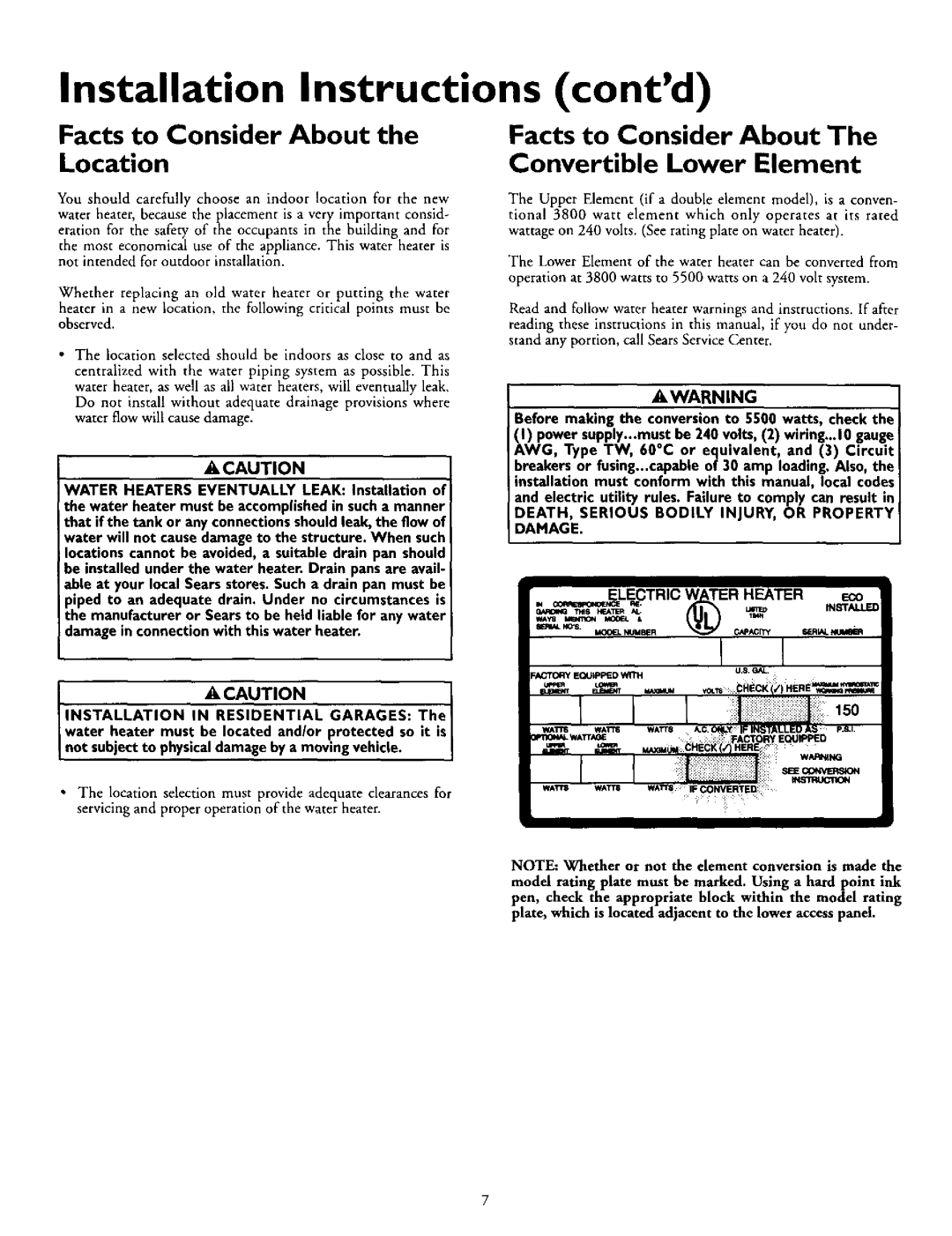 Kenmore 153.327363 Installation Instructions contd, Facts to Consider About Location Convertible Lower Element, Acaution 