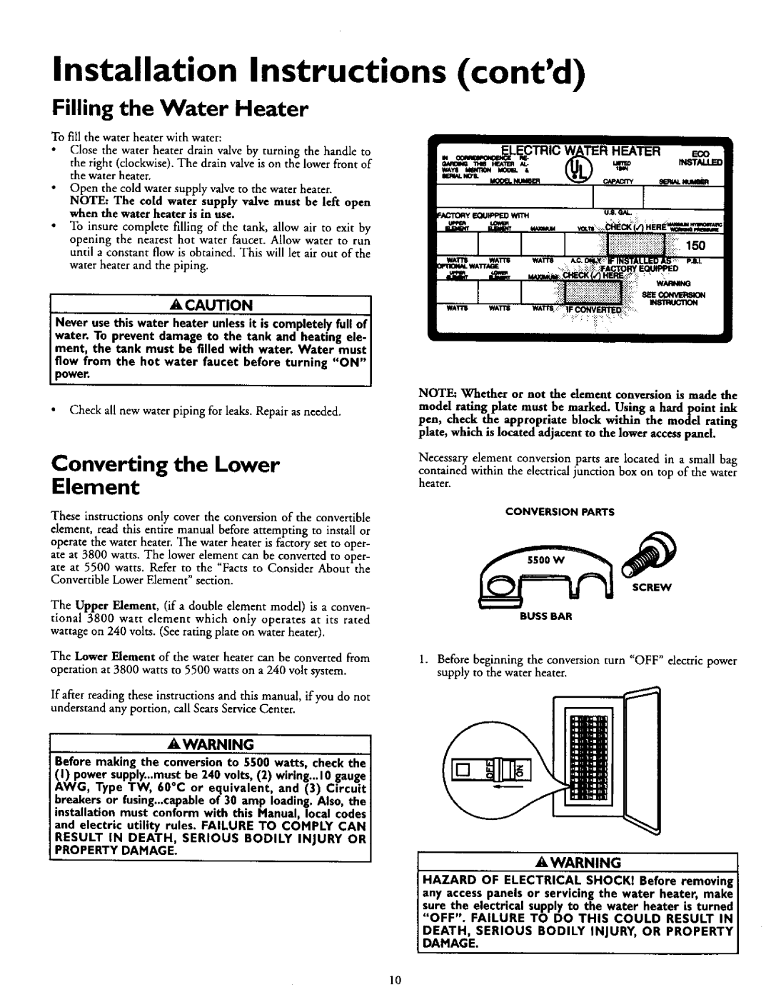 Kenmore 153.327364, 153.327864 Installation Instructions contd, Filling the Water Heater, Converting the Lower Element 