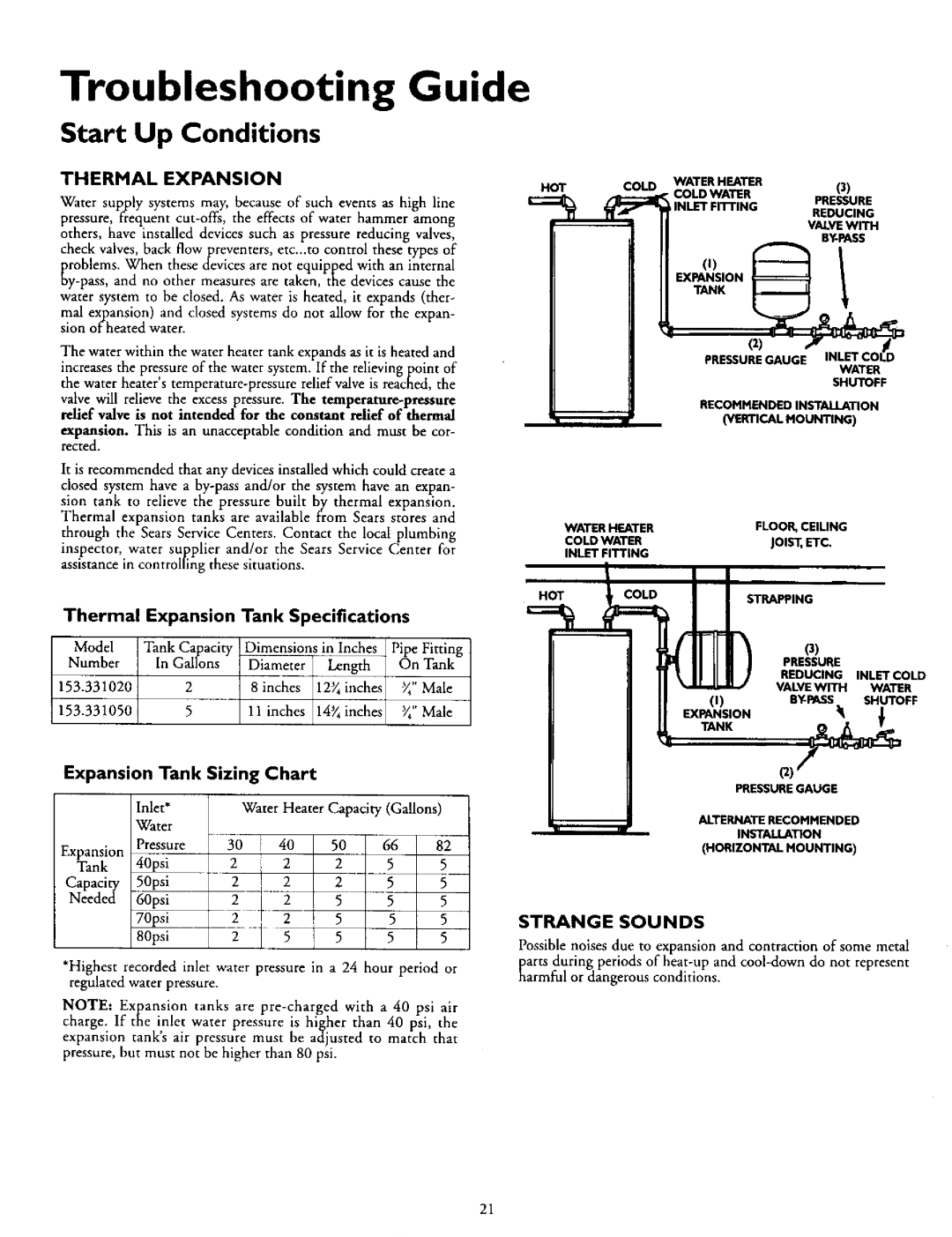 Kenmore 153.327563 Troubleshooting Guide, Start Up Conditions, Thermal Expansion Tank Specifications, Sizing, Chart 