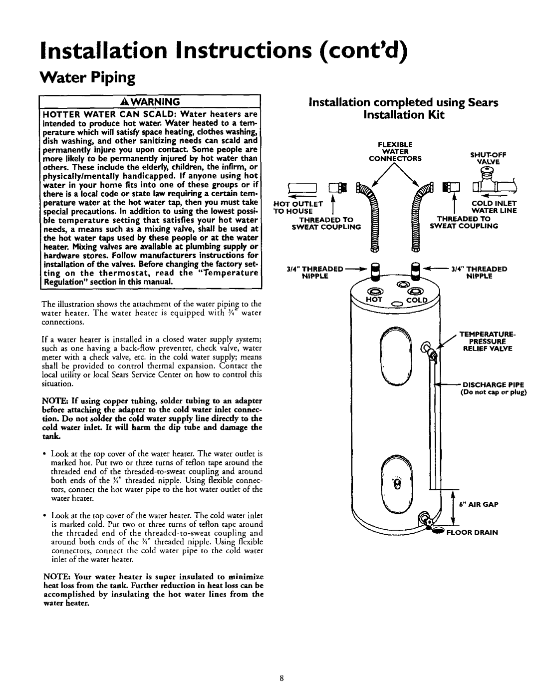 Kenmore 153.327663 Installation Instructions contd, Water Piping, Installation completed using Sears, Installation Kit 