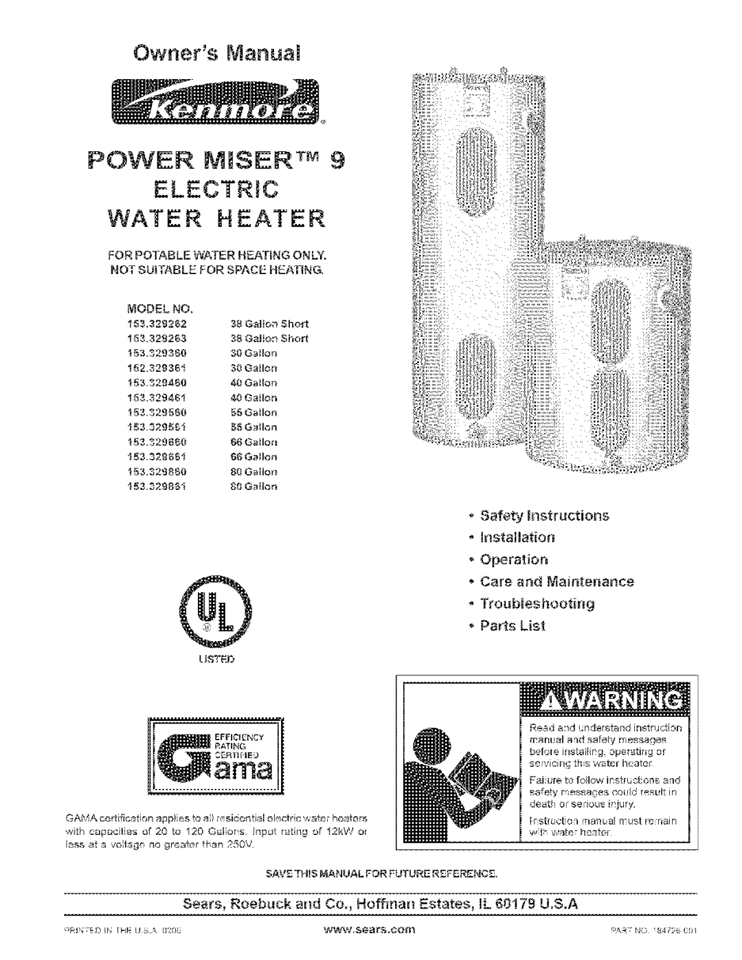 Kenmore 153.32956, 153.329461 instruction manual Sears, Roebuck and Co., Hoffman Estates, L 60179 U.S.A, Model, Usted 