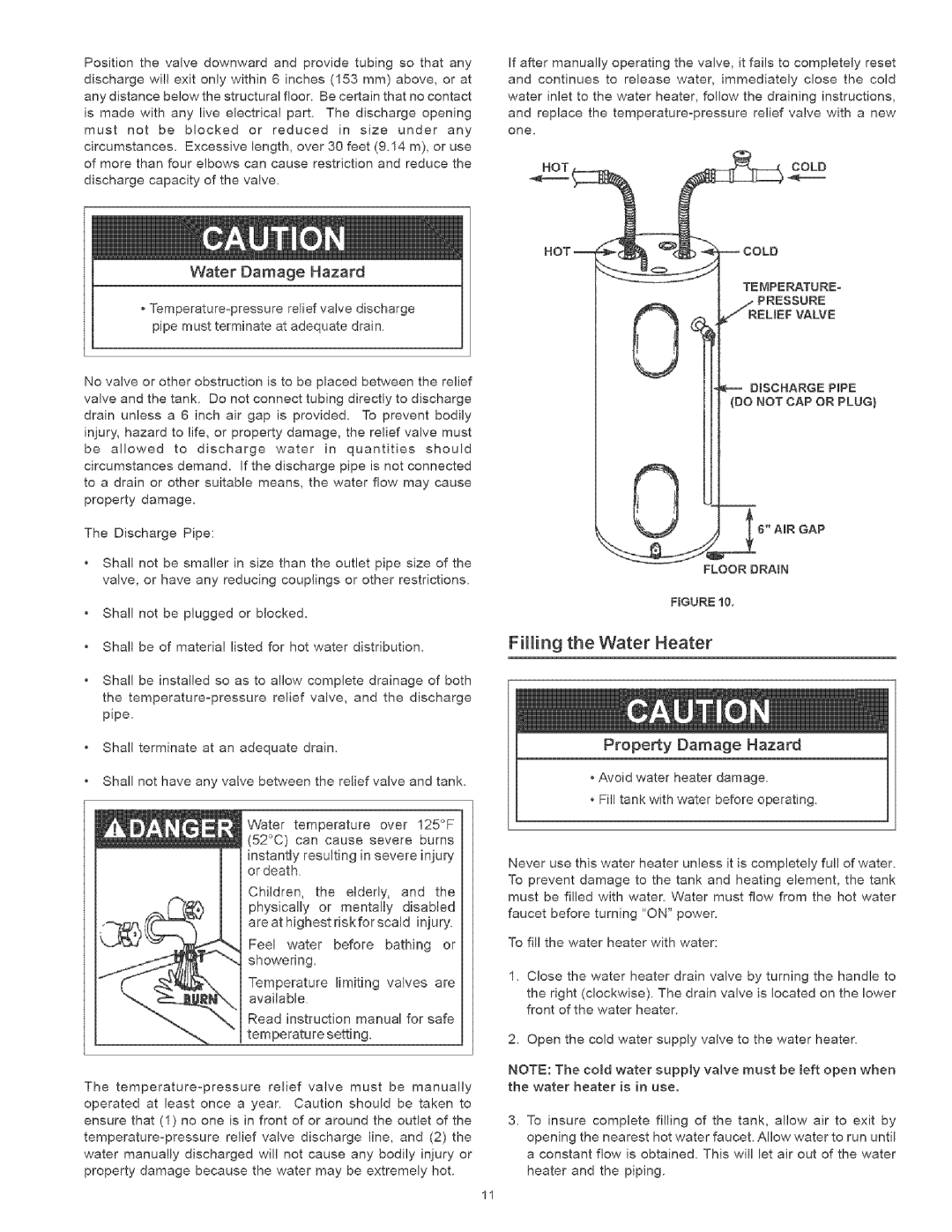 Kenmore 152.329361, 153.329461, 153.32956 Filling the Water Heater, Water Damage Hazard, Temperature Pressure, Floor Drain 