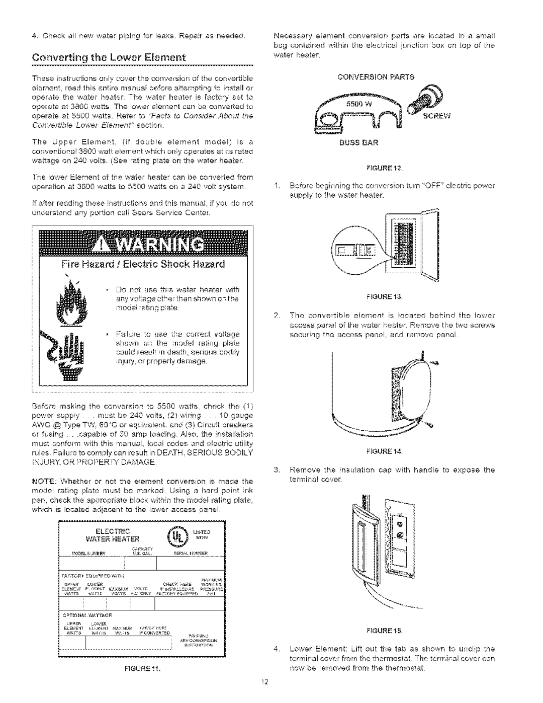 Kenmore 153.329461, 153.32956 Converting the Lower Eement, Fire Hazard t Electric Shock Hazard, Conversion Parts Screw 