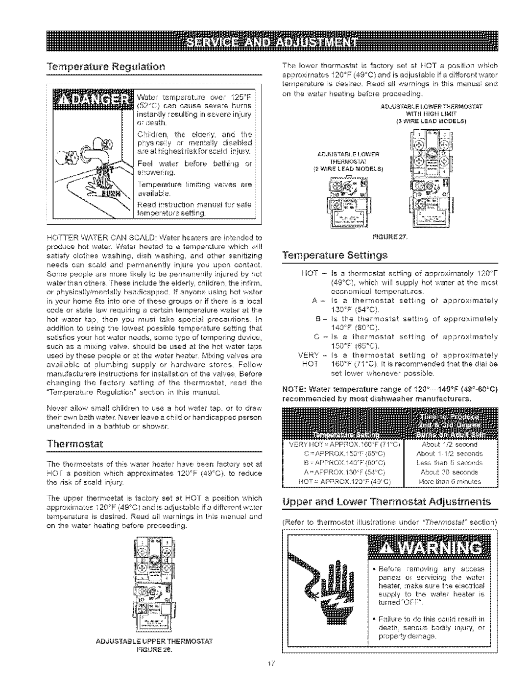 Kenmore 153.32986, 153.329461 Temperature Regulation, Temperature Settings, Upper and Lower Thermostat Adjustments 