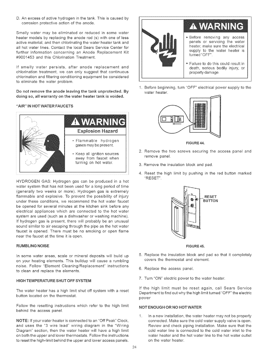 Kenmore 153.329461, 153.32956 Corrosionprotectiveactionoftheanode, Rumbung Nose, High Temperature Shut OFF System, Reset 