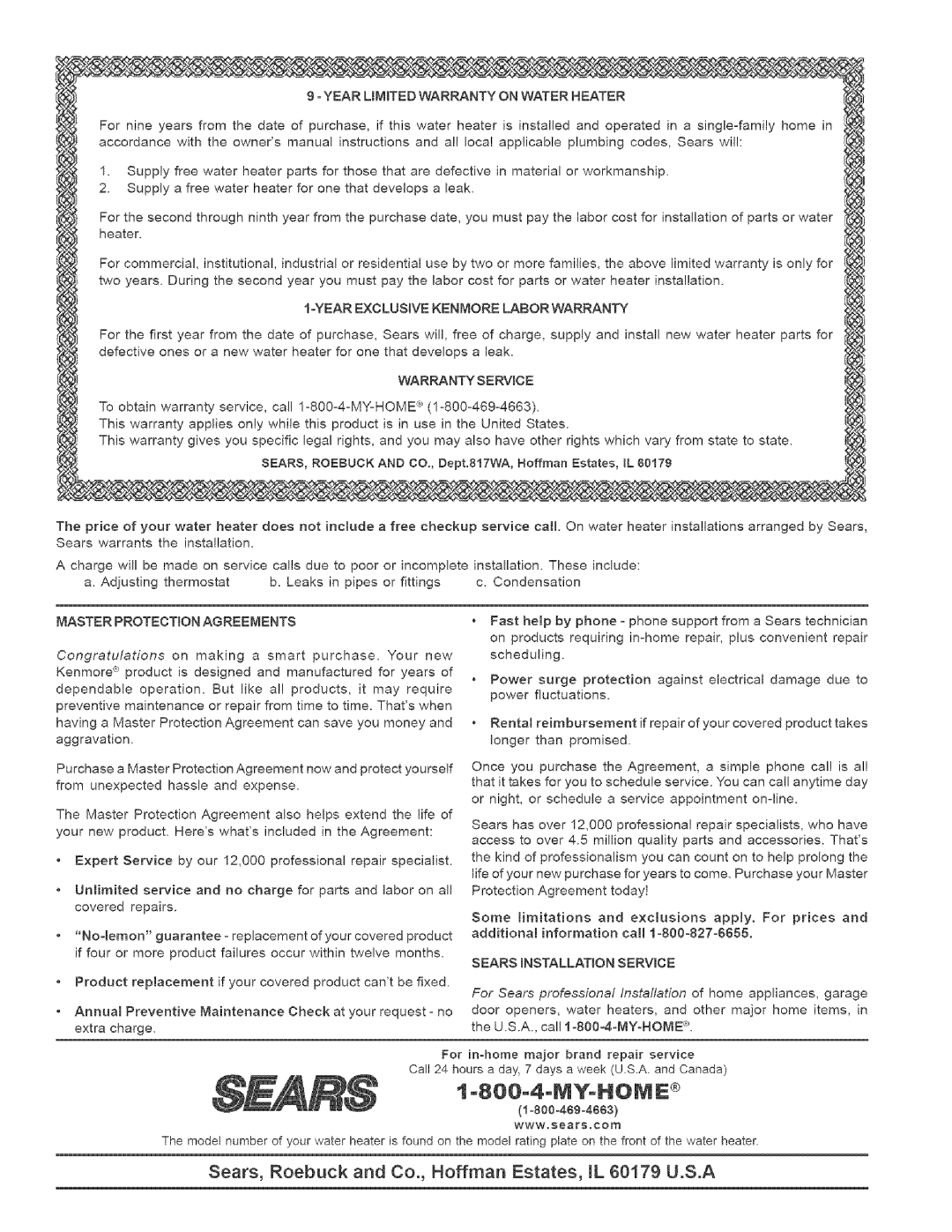 Kenmore 153.329262, 153.329461, 153.32956, 153.329861, 153.32966 My-Hom, Warranty Service, Master Protection Agreements 