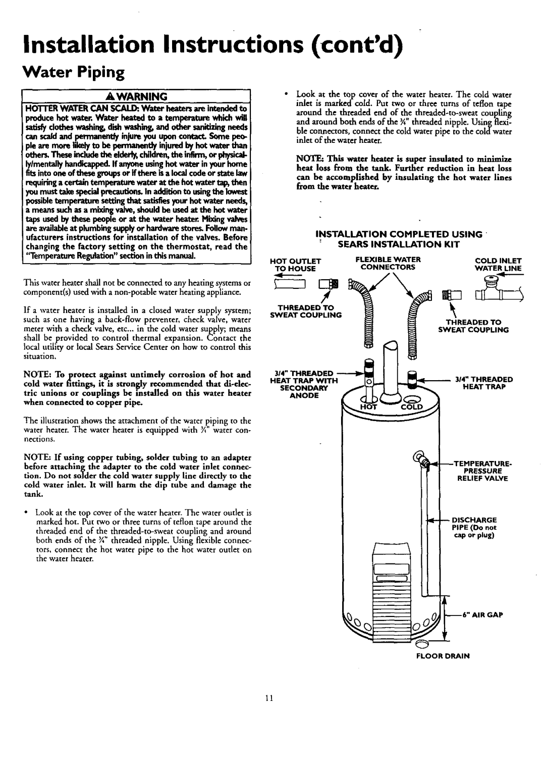 Kenmore 153.330401 Installation Instructions contd, Water Piping, Hotterwater can SCALD.Water heatersam intendedto 