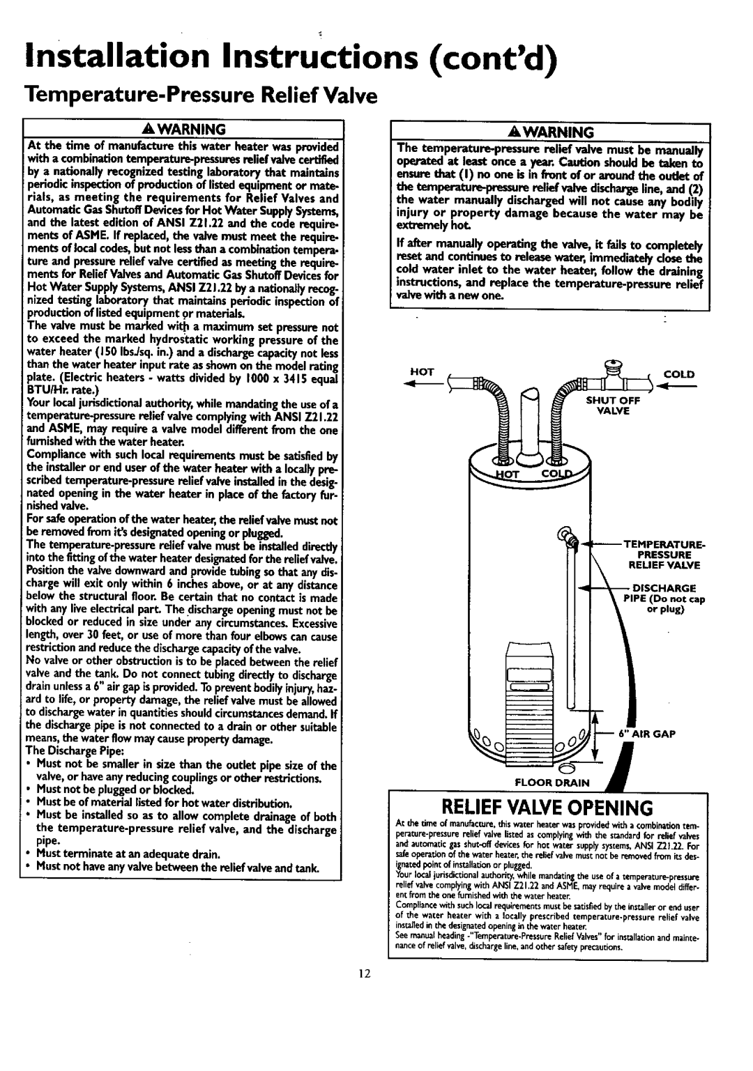 Kenmore 153.330401 owner manual Temperature-Pressure Relief Valve, Reliefvalveopening 