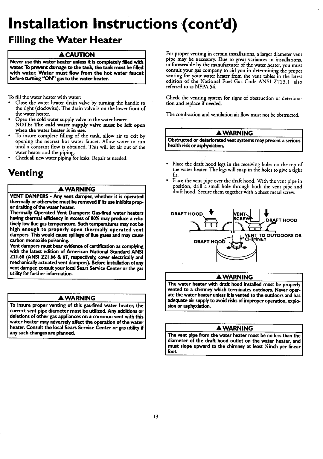 Kenmore 153.330401 owner manual Filling the Water Heater, Venting, Never usethis water heatunlessit mcompletelyfilledwith 