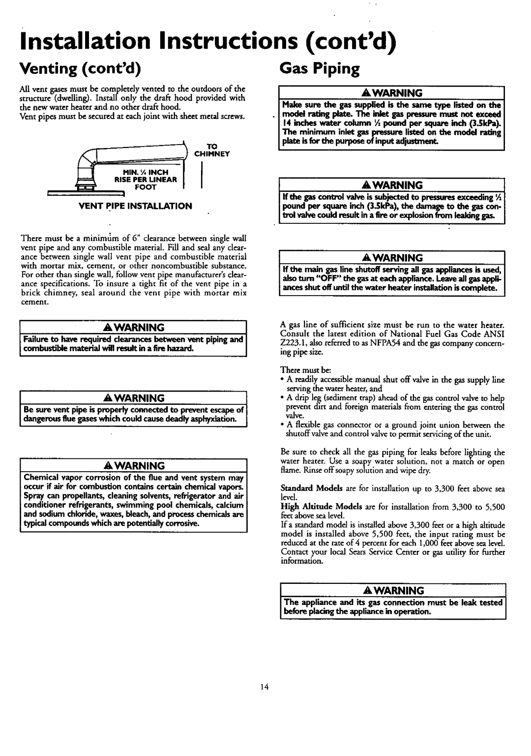 Kenmore 153.330401 owner manual Gas Piping, Venting contd, Vent Pipe Installation 