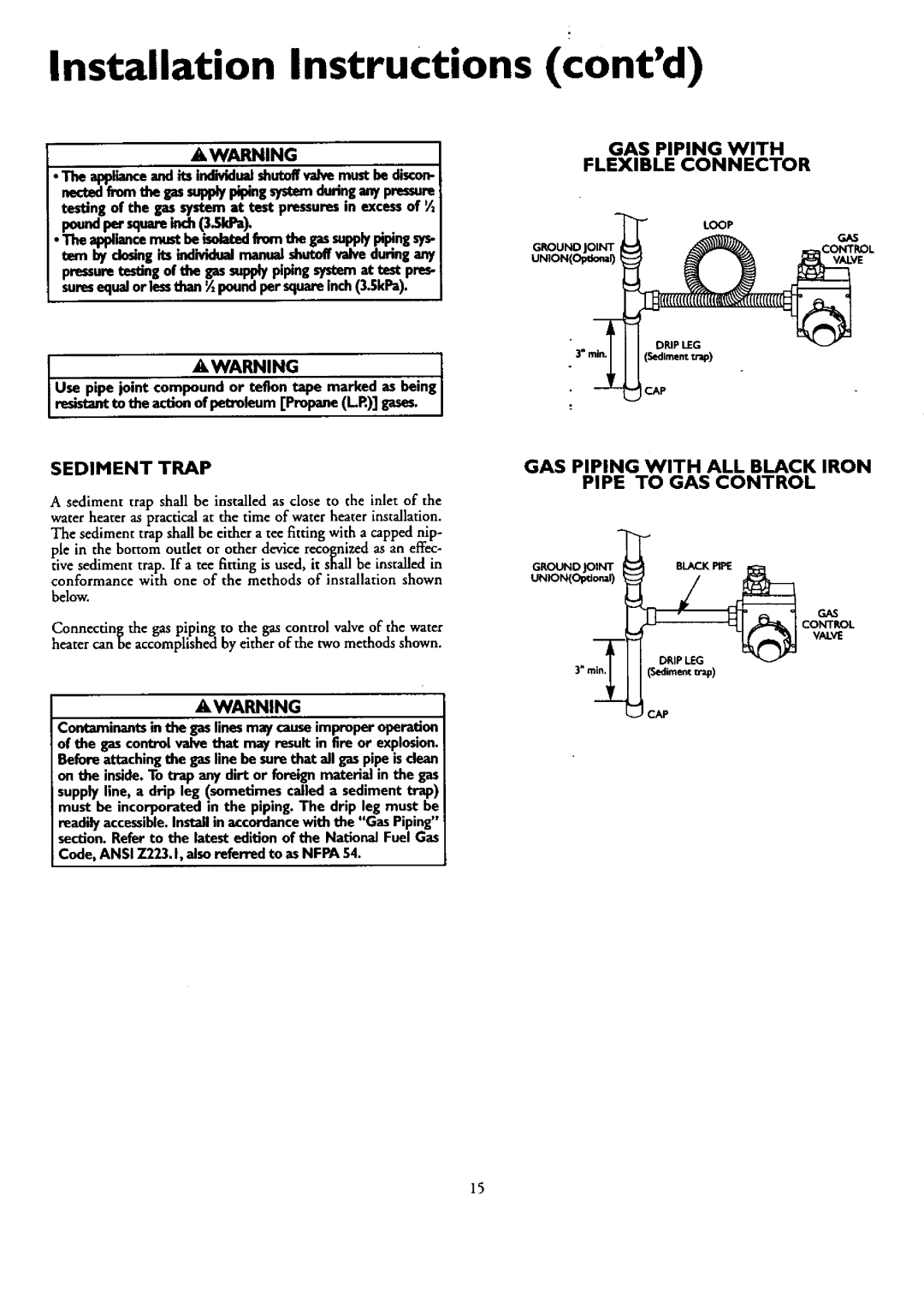 Kenmore 153.330401 owner manual Installation Instructions, Contd, Sediment Trap, GAS Piping with Flexible Connector 